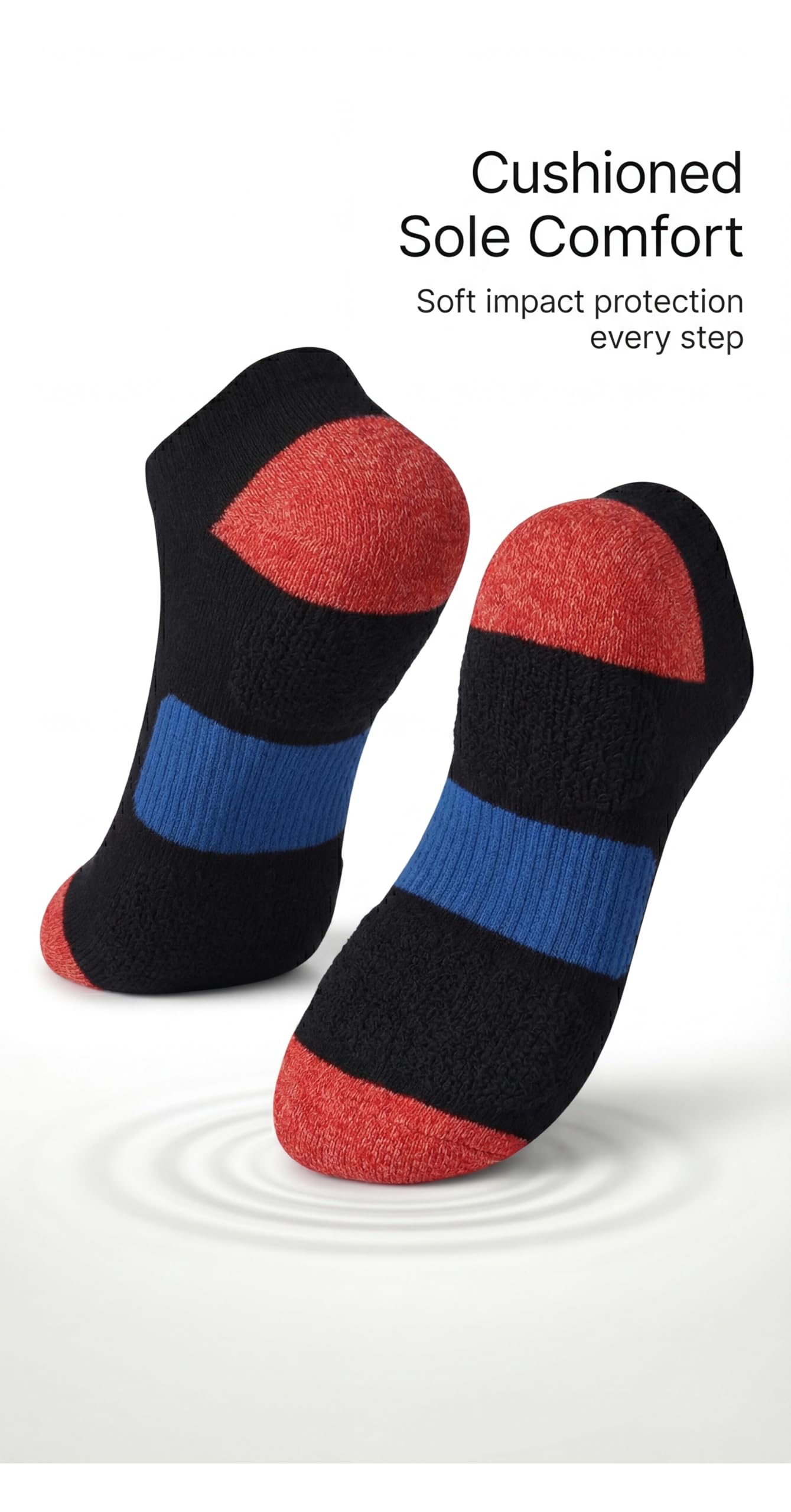 Black, red, and blue socks with cushioned sole comfort on a white background