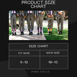 Product size chart graphic with a small photo of men in gray suits and colorful socks, plus a size chart table mapping shoe size 6-12 to sock size 10-13. The text 'PRODUCT SIZE CHART' and 'JAMES FIALLO' appears on a dark background.