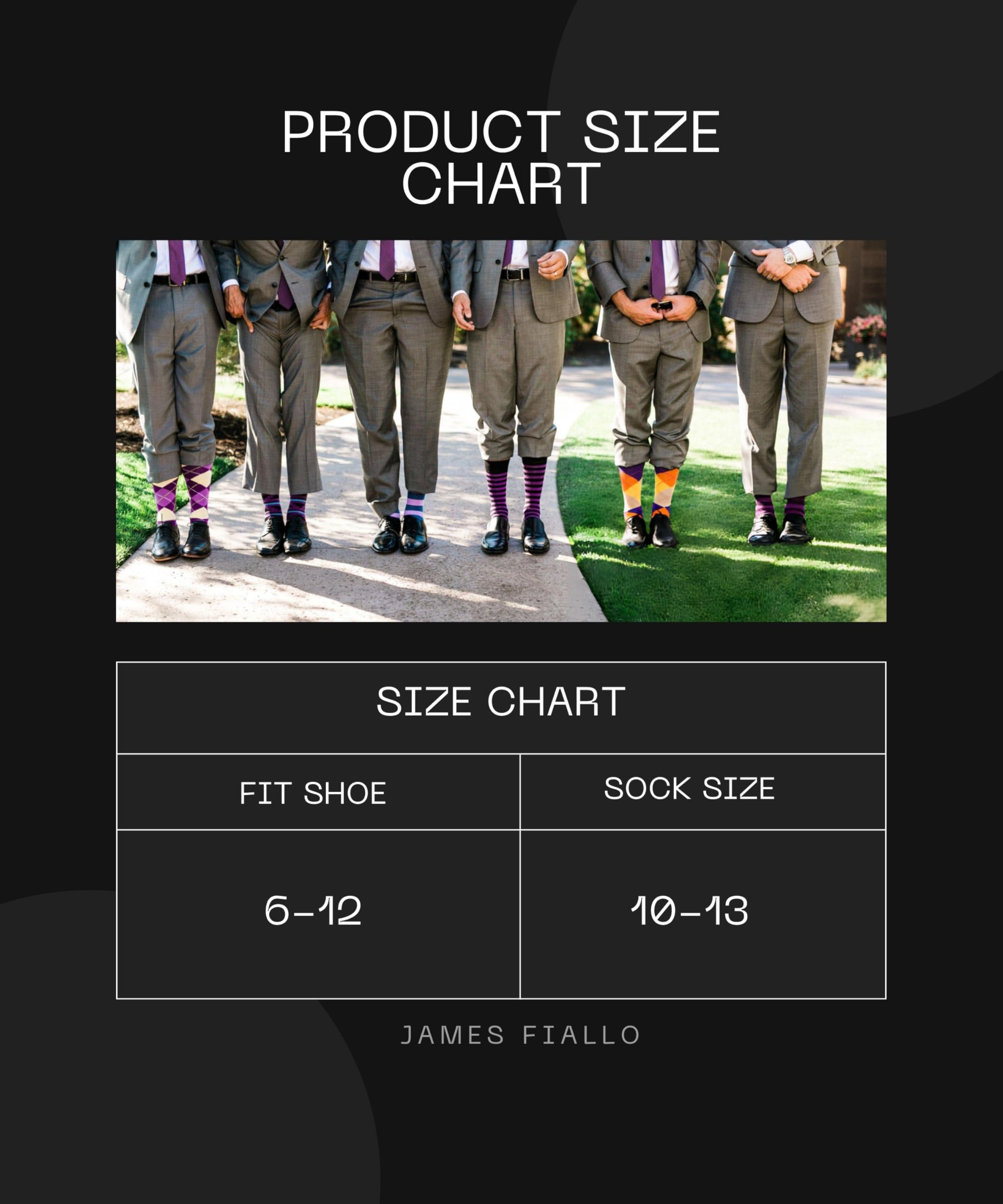 Product size chart graphic with a small photo of men in gray suits and colorful socks, plus a size chart table mapping shoe size 6-12 to sock size 10-13. The text 'PRODUCT SIZE CHART' and 'JAMES FIALLO' appears on a dark background.