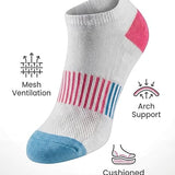White ankle sock with pink and blue accents, featuring text and icons about performance and comfort on a white background.