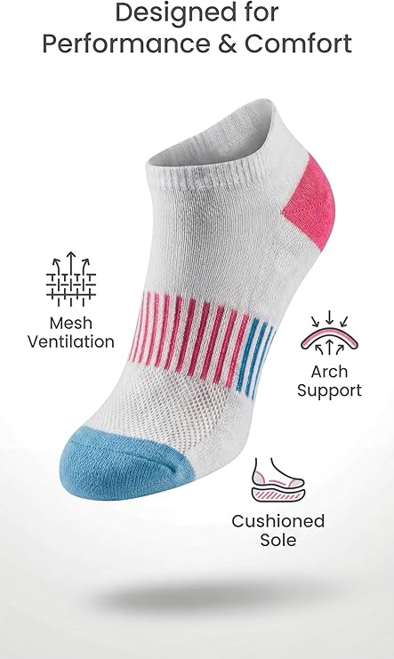 White ankle sock with pink and blue accents, featuring text and icons about performance and comfort on a white background.
