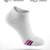 White athletic sock with pink and purple accents on a white background, featuring text and icons about sock features.