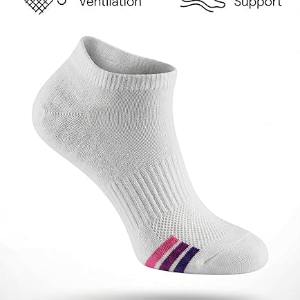 White athletic sock with pink and purple accents on a white background, featuring text and icons about sock features.