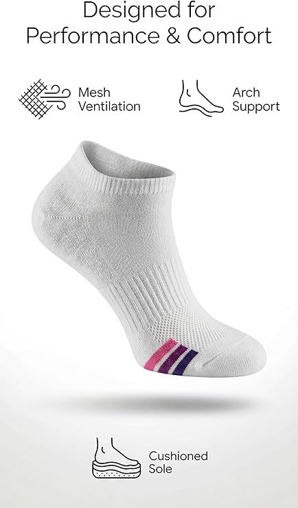 White athletic sock with pink and purple accents on a white background, featuring text and icons about sock features.
