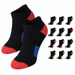 Black socks with red toes and blue accents, displayed with a grid of various colorful socks on a white background.