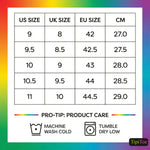 Size conversion chart from US to UK, EU, and CM with product care instructions on a colorful gradient background.