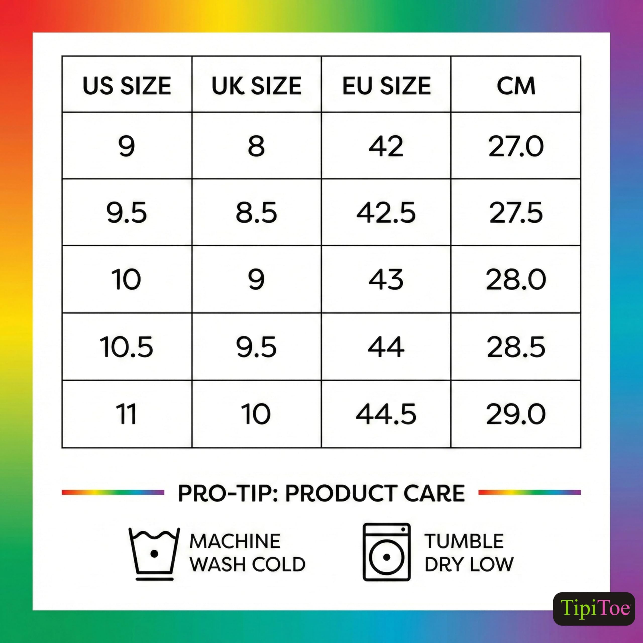 Size conversion chart from US to UK, EU, and CM with product care instructions on a colorful gradient background.