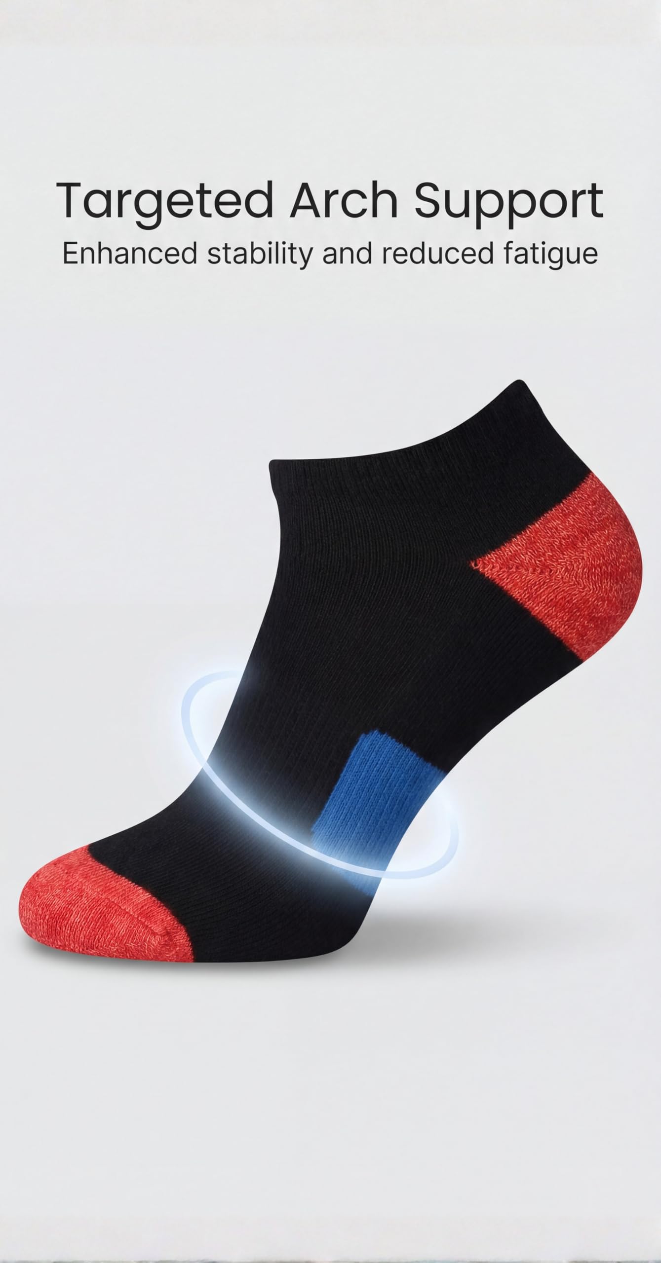 Black and red sock with targeted arch support on a light gray background