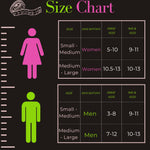 A size chart graphic with a dark background, pink and green human silhouette icons, and two table sections listing women's and men's shoe and sock size ranges from small-medium to medium-large.