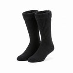 A pair of black ribbed crew socks with a soft, plush fleece lining visible at the top cuff, shown on a plain white background.