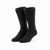 A pair of black ribbed crew socks with a soft, plush fleece lining visible at the top cuff, shown on a plain white background.