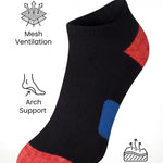 Black ankle sock with red and blue accents, featuring text and icons about performance and comfort on a white background.