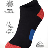 Black ankle sock with red and blue accents, featuring text and icons about performance and comfort on a white background.