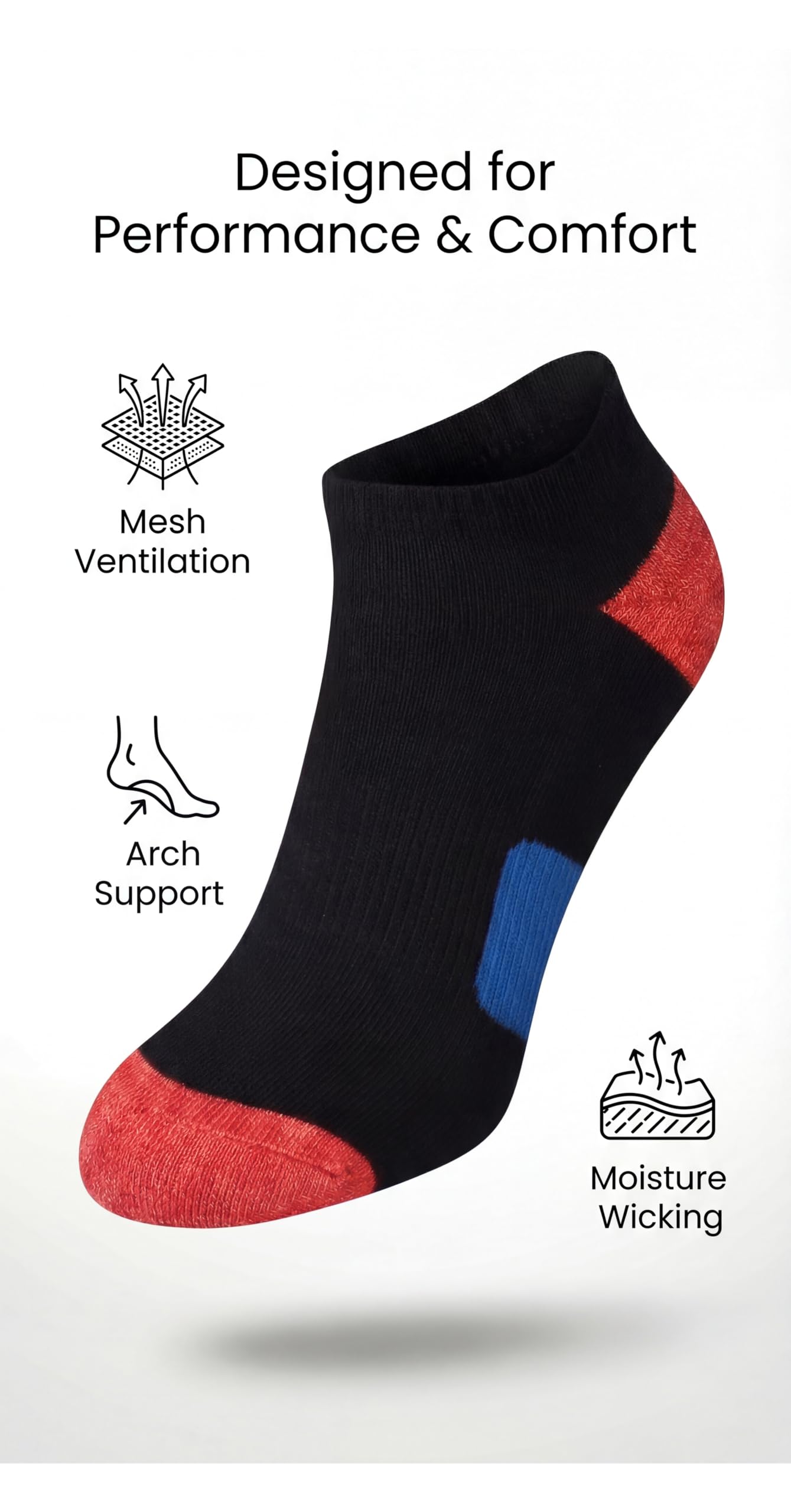 Black ankle sock with red and blue accents, featuring text and icons about performance and comfort on a white background.