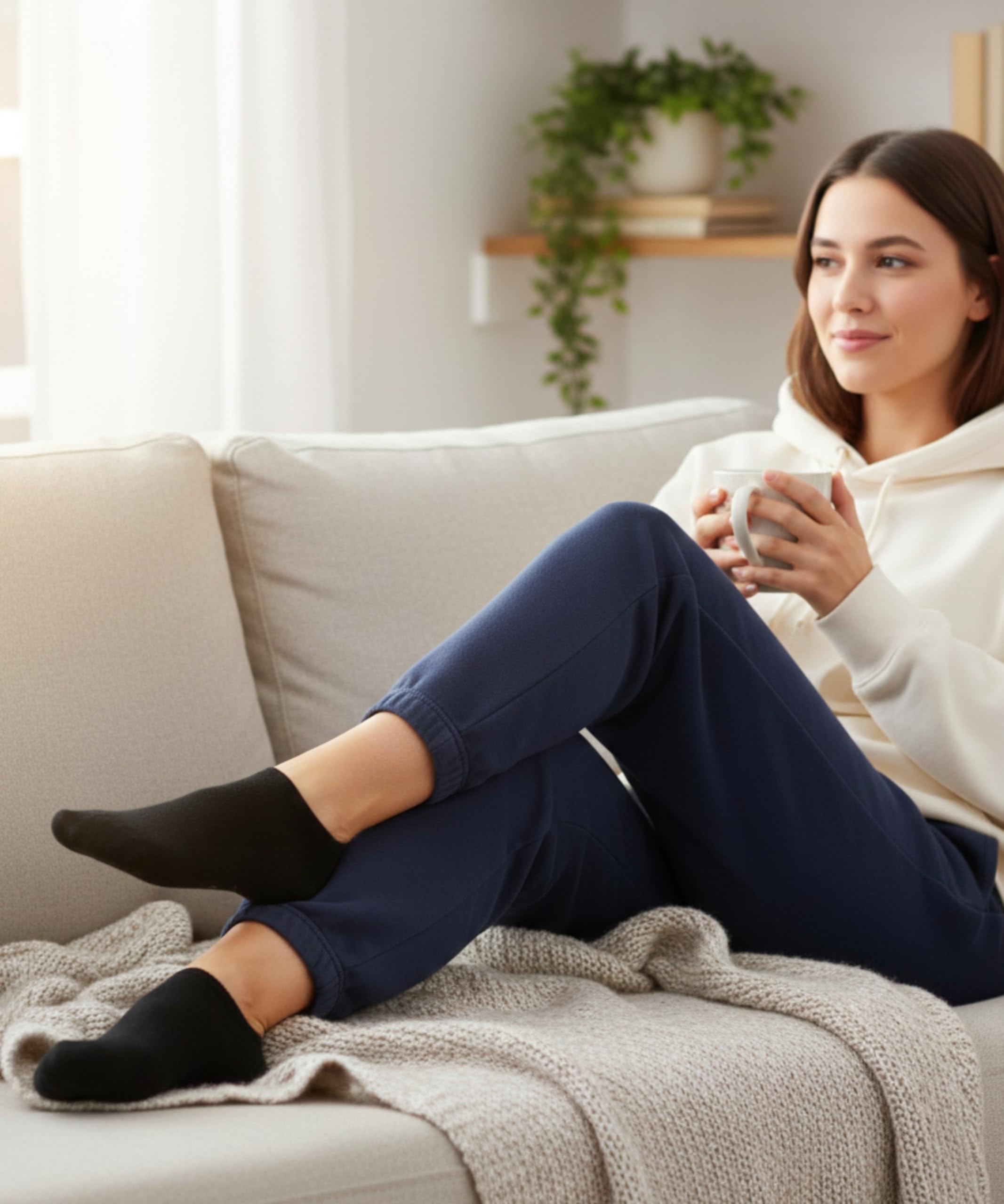 Woman sitting on a couch holding a mug, wearing black socks and blue pants.