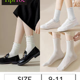 Tipi Toe Womens White Solid Lettuce Edge Lightweight Crew Length With Cuff Ruffle Socks For Women