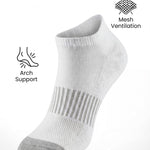 White ankle sock with text and icons highlighting features on a white background