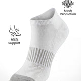 White ankle sock with text and icons highlighting features on a white background