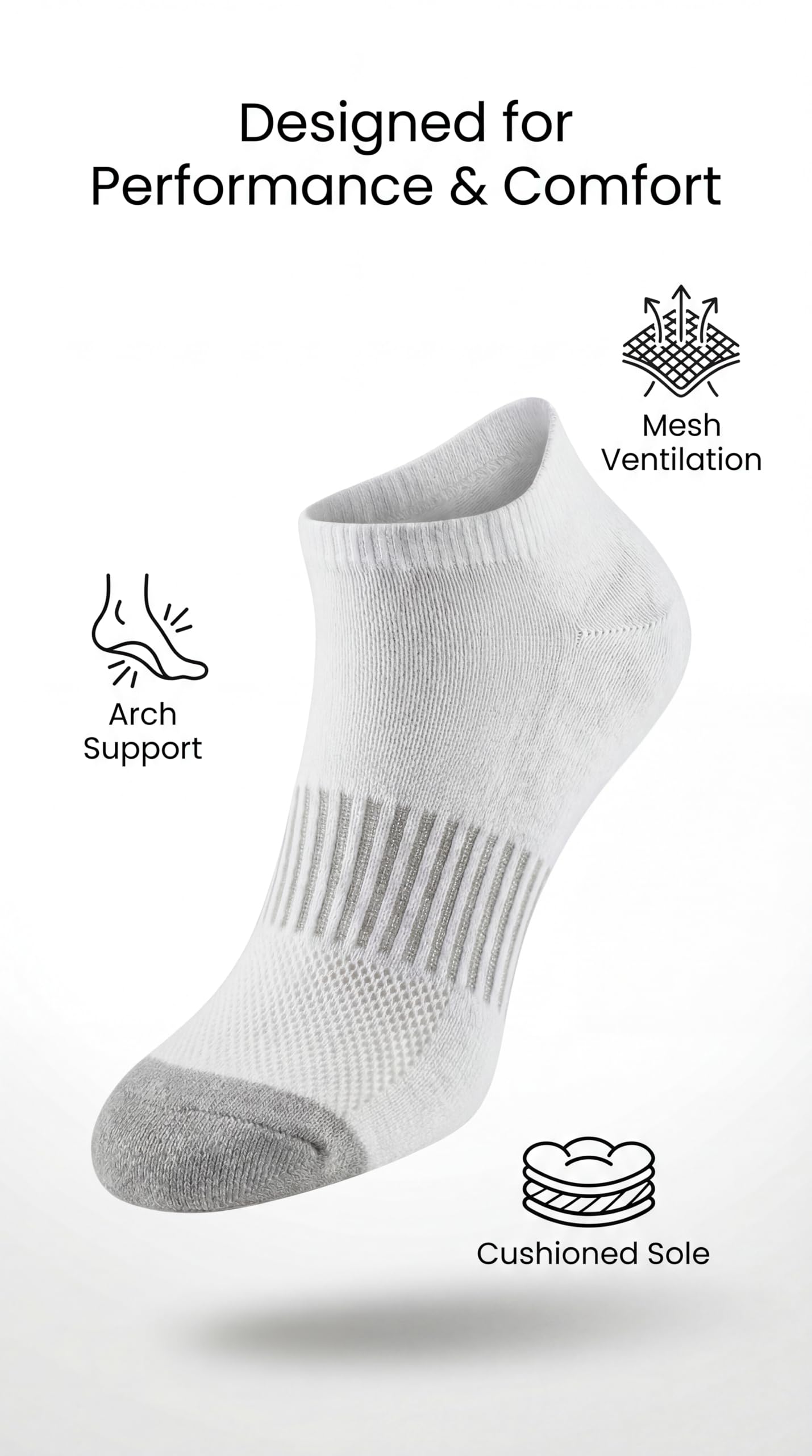 White ankle sock with text and icons highlighting features on a white background