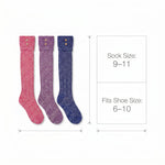 Three knee-high knit socks in pink, purple, and blue are shown with measurement guides indicating sock size 9-11 and fit for shoe size 6-10.