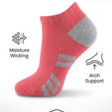 Pink ankle sock with gray accents on a white background, featuring text about performance and comfort.