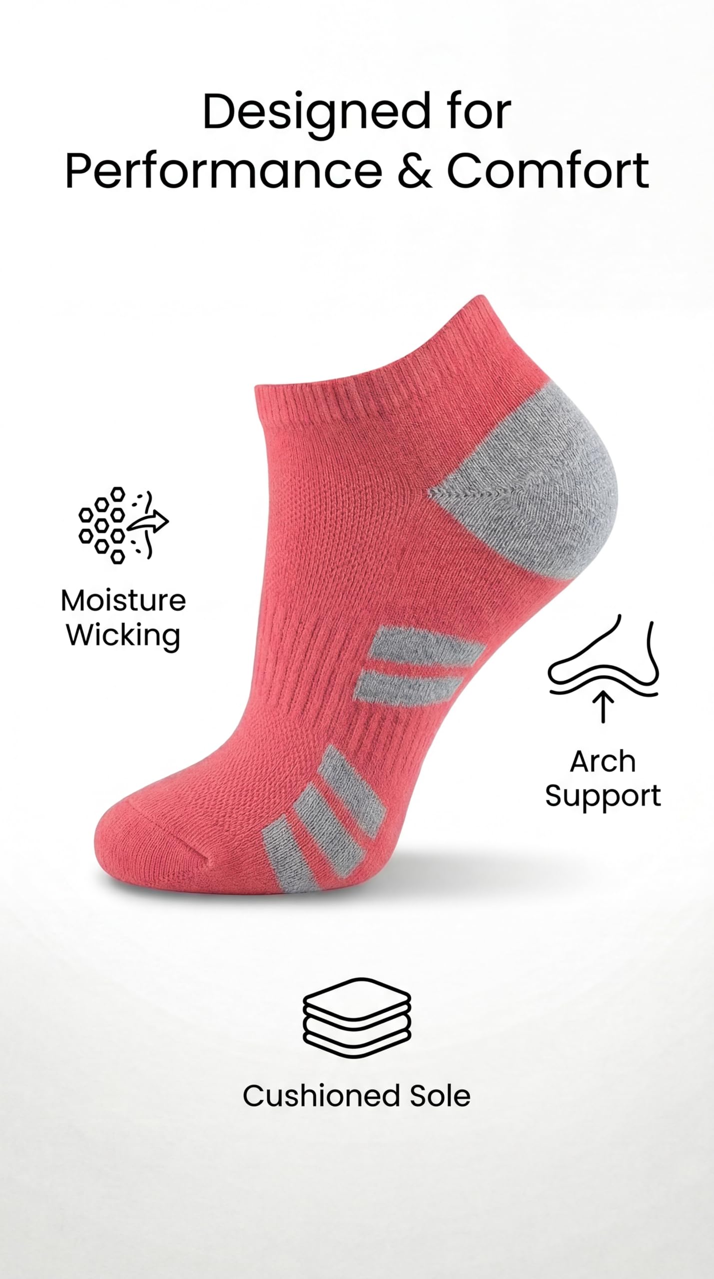 Pink ankle sock with gray accents on a white background, featuring text about performance and comfort.