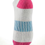 Striped sock with pink, blue, and gray colors on a white background