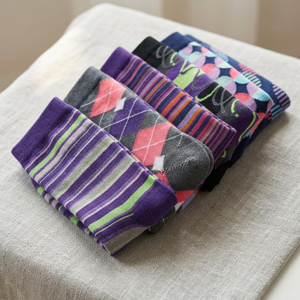 Five pairs of folded patterned socks arranged in a fan on a light beige fabric surface. The socks feature various colorful designs including stripes, argyle, and floral motifs in purple, pink, green, blue, gray, and black.