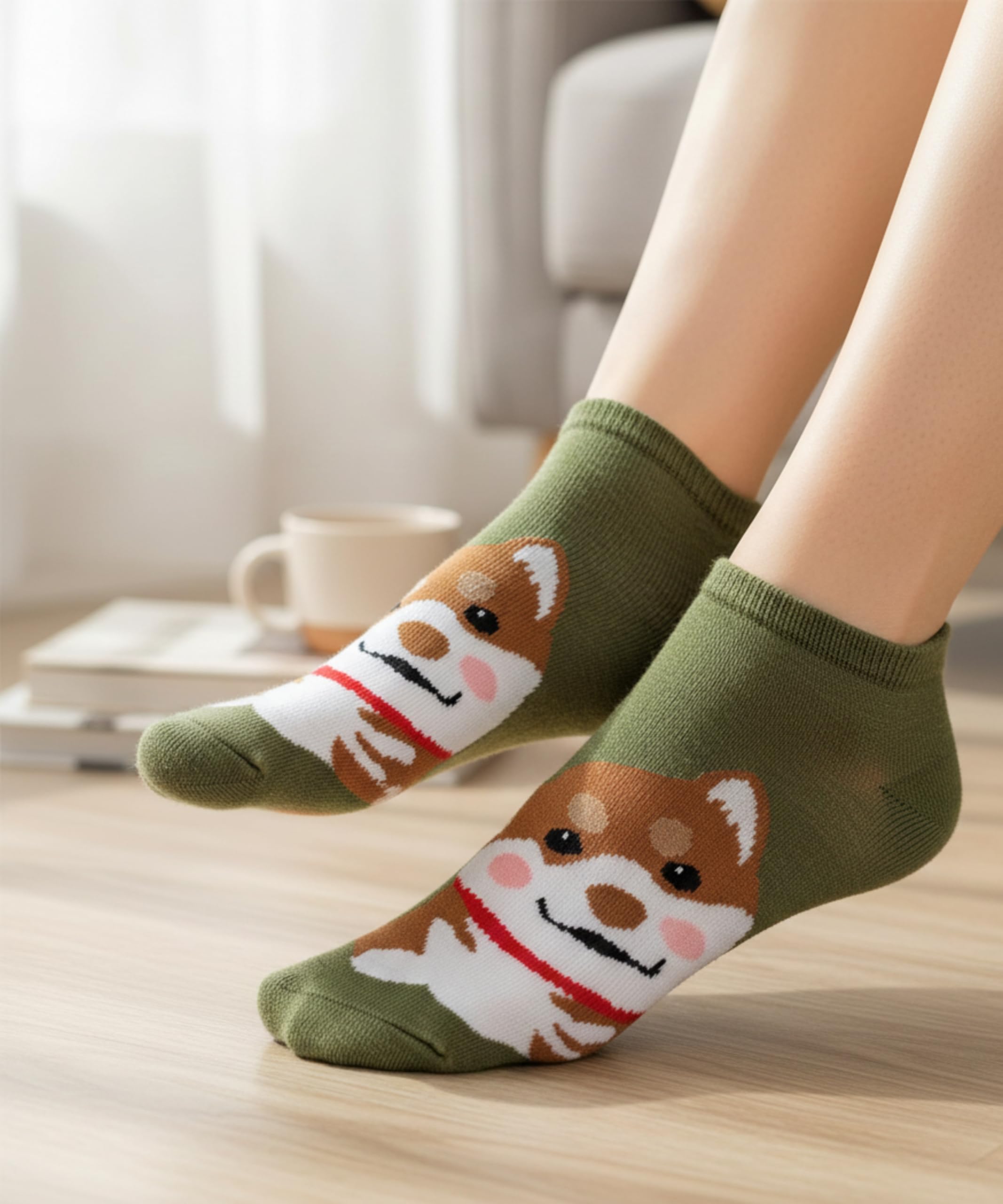 Green socks with dog design worn by a person indoors.