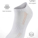 White athletic sock with text and icons indicating features on a white background