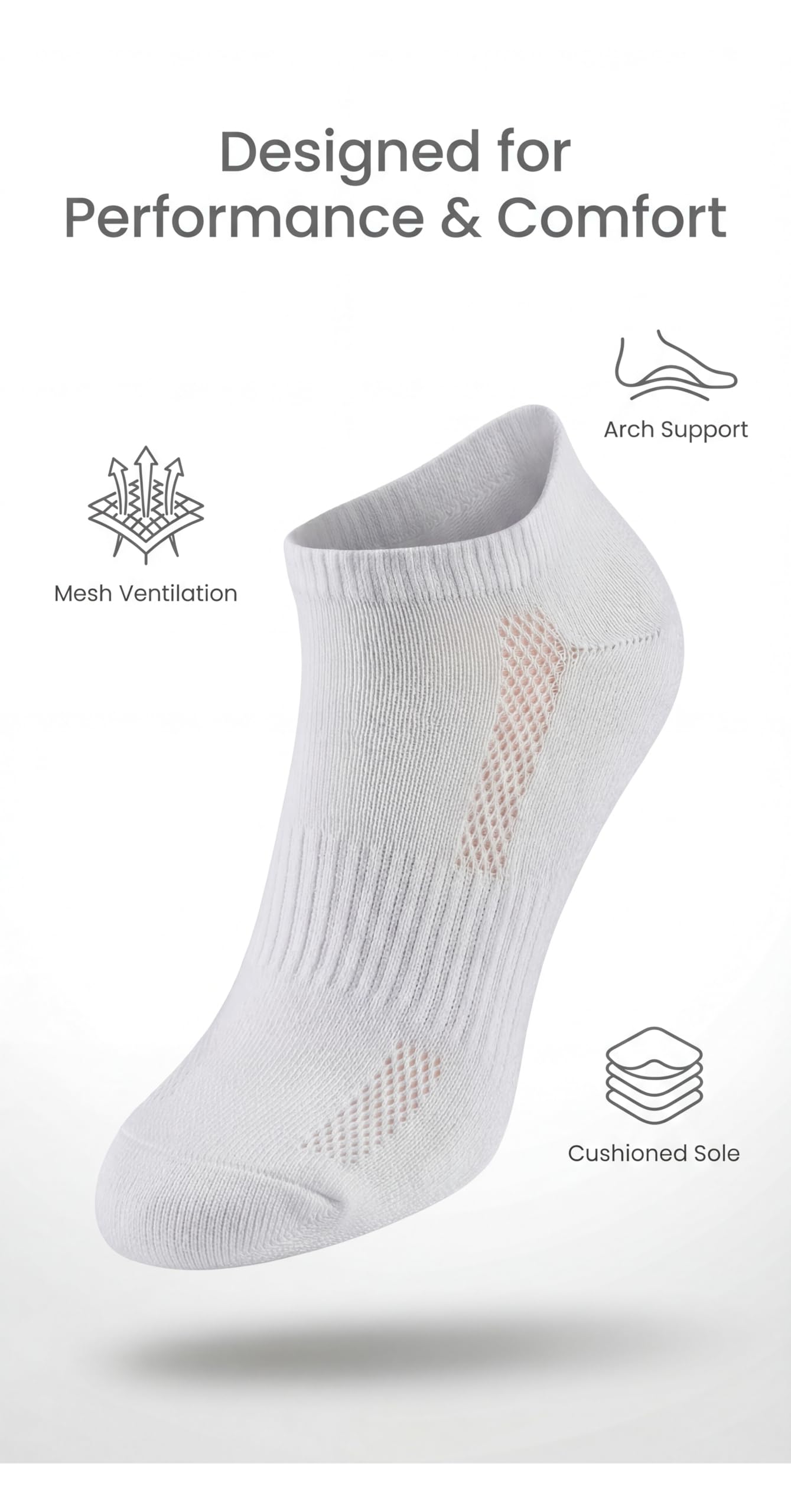 White athletic sock with text and icons indicating features on a white background
