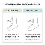 A women's crew socks size guide graphic showing two card-style panels with sock height and shoe size conversions. The left panel covers sock sizes 9-11 and says it fits most shoe sizes US Women's 6-10.