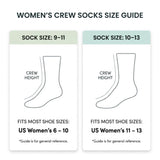 A women's crew socks size guide graphic showing two card-style panels with sock height and shoe size conversions. The left panel covers sock sizes 9-11 and says it fits most shoe sizes US Women's 6-10.