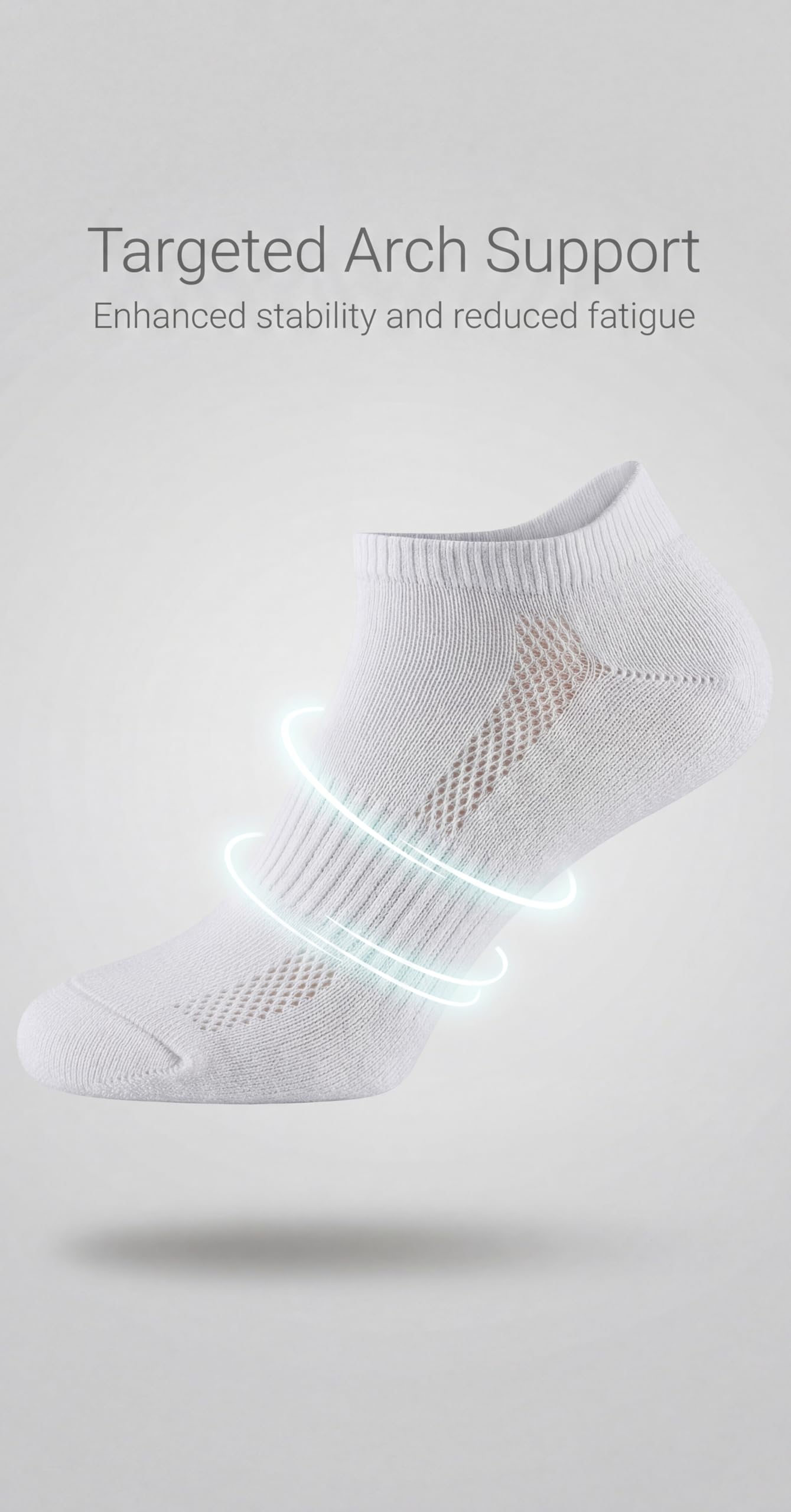 White ankle sock with targeted arch support on a light gray background