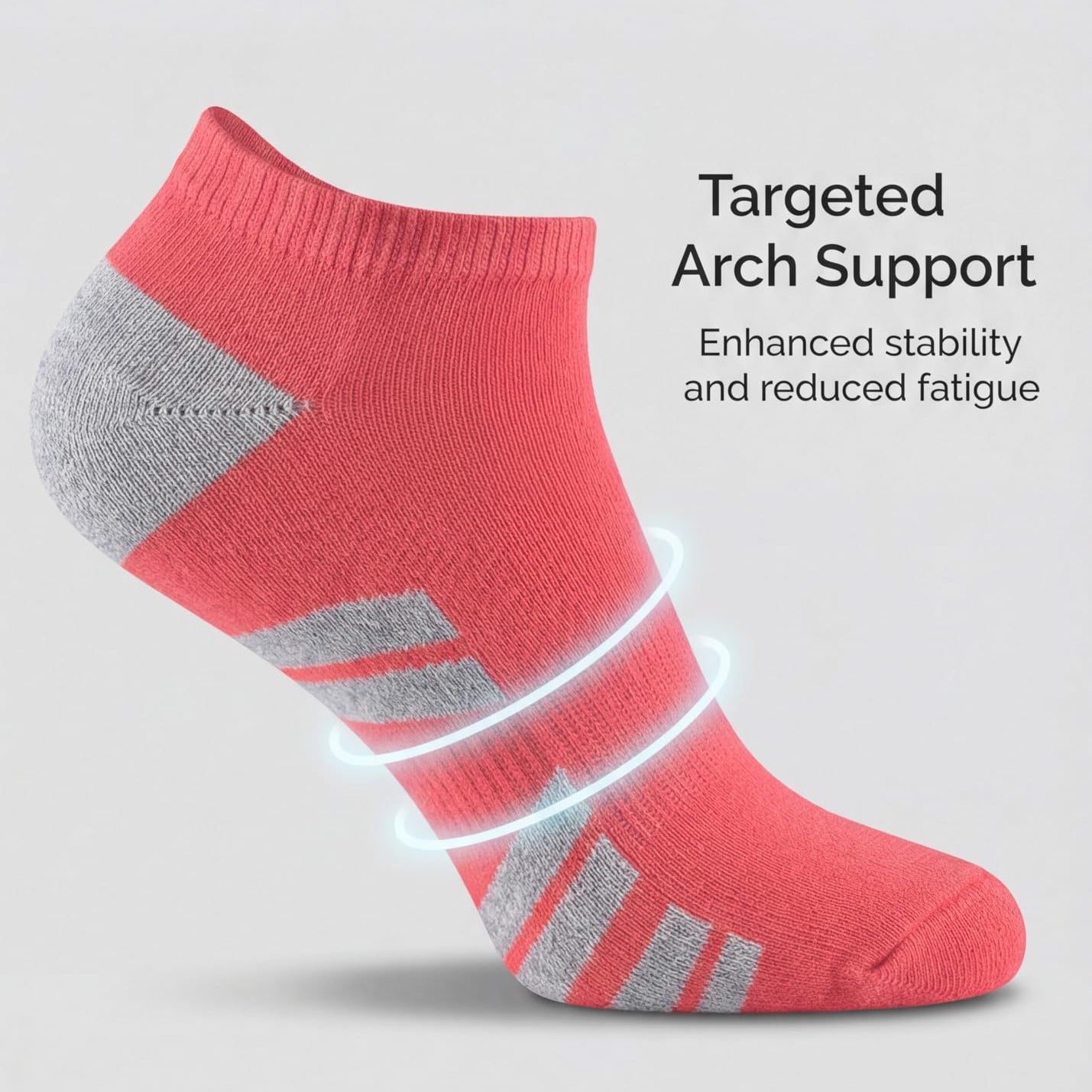 Red ankle sock with gray accents on a light gray background, featuring text about targeted arch support.