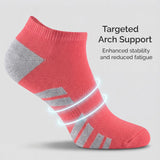 Red ankle sock with gray accents on a light gray background, featuring text about targeted arch support.