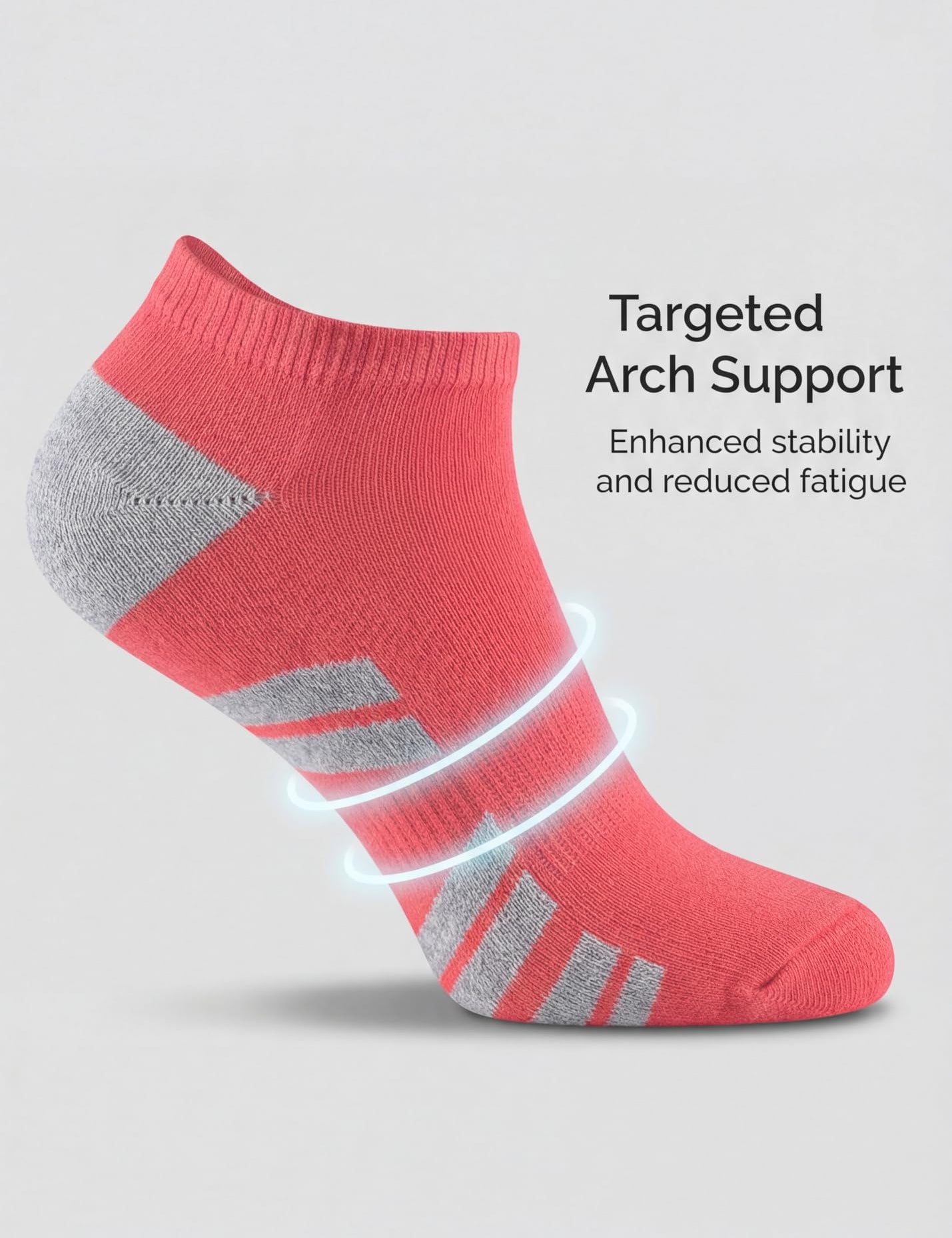 Red ankle sock with gray accents on a light gray background, featuring text about targeted arch support.