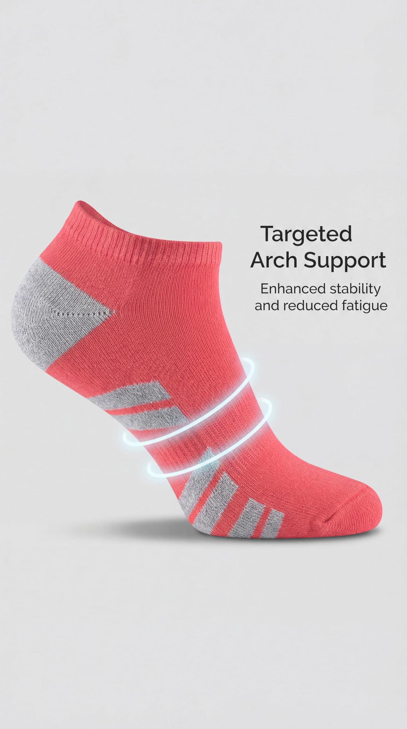 Red ankle sock with gray accents on a light gray background, featuring text about targeted arch support.