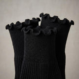 Solid Black Turn-Cuff Quarter Ruffle Socks
