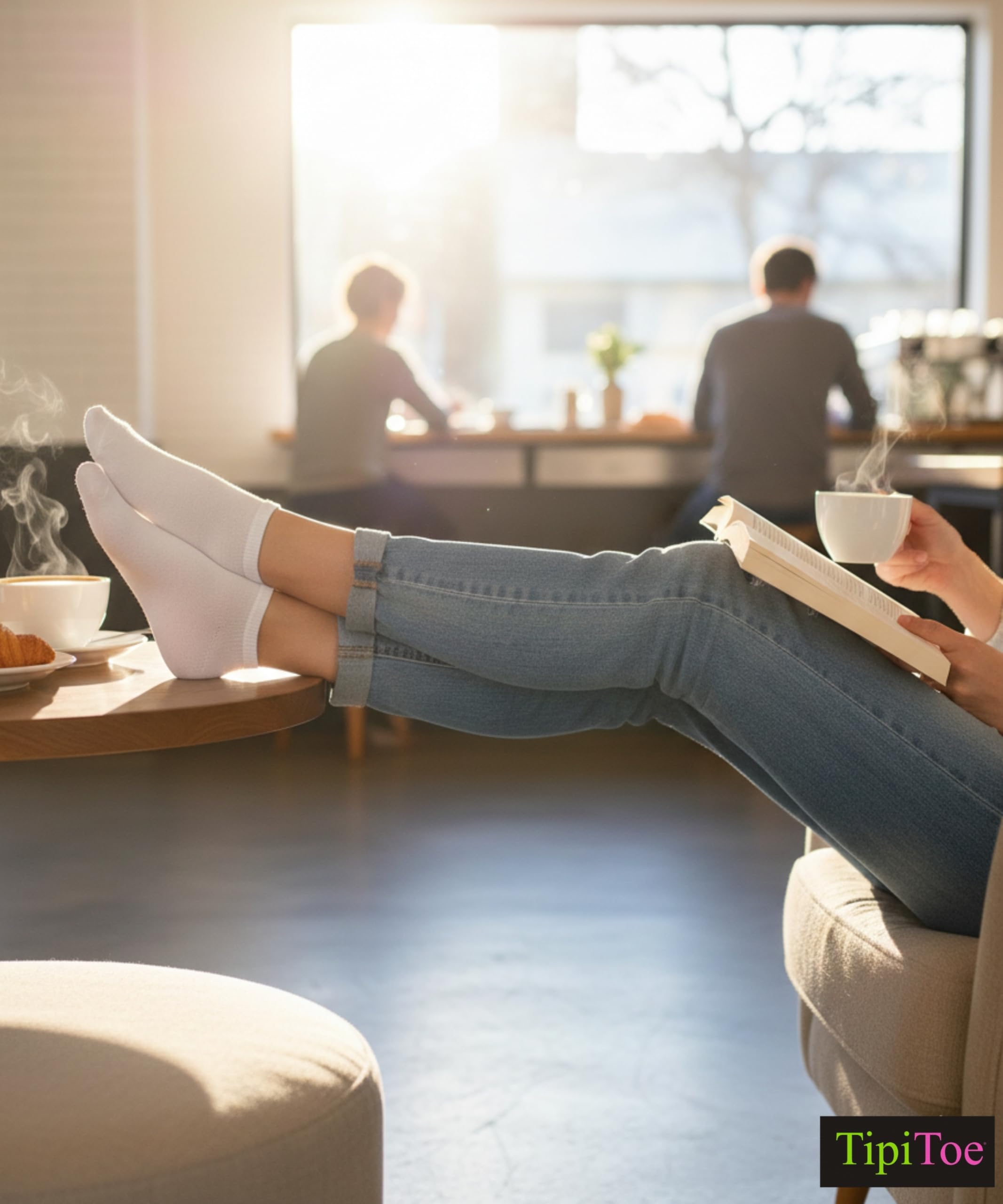 Person relaxing with feet up wearing white socks, reading a book and holding a cup in a home setting.