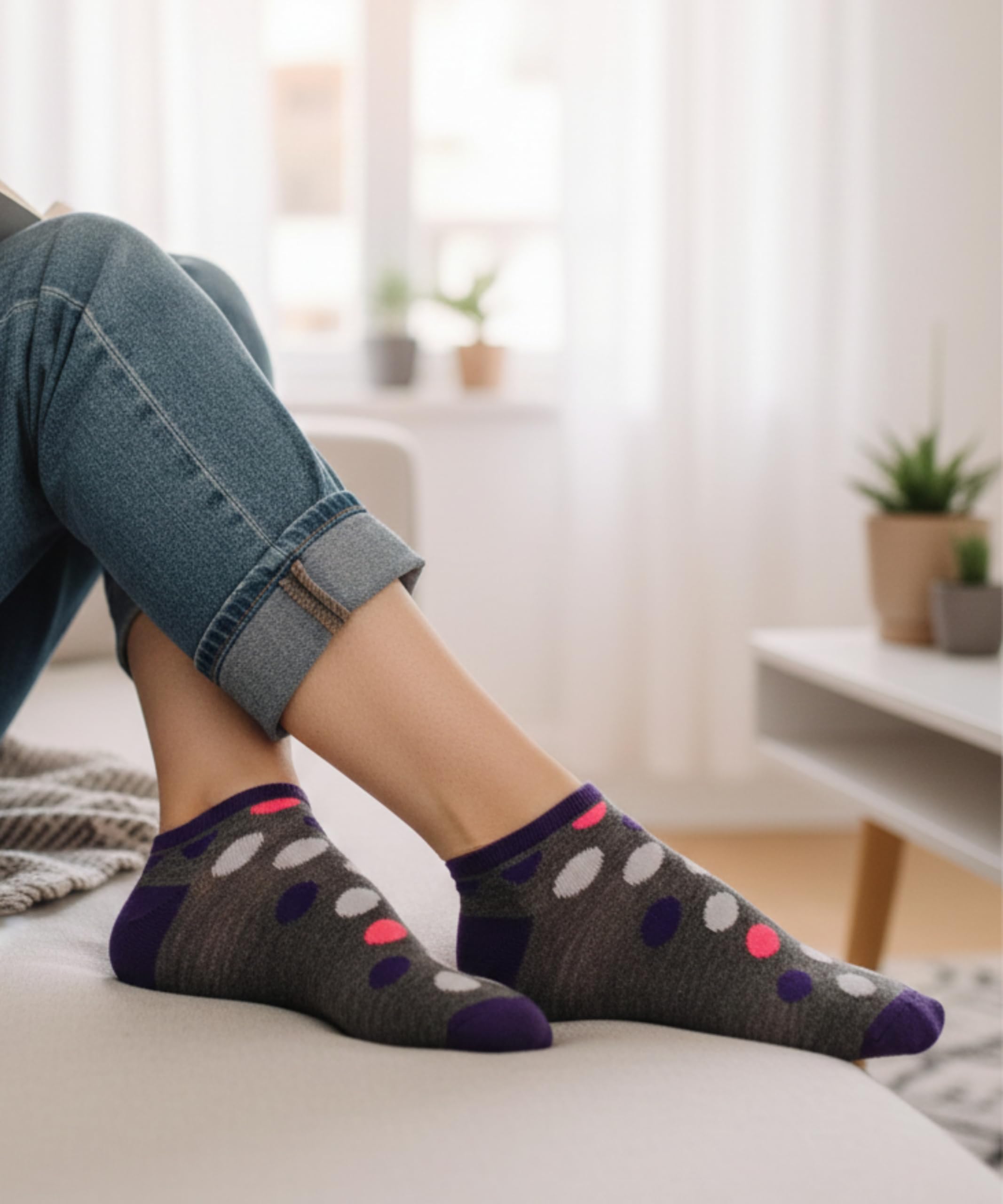 Person wearing dark gray socks with colorful polka dots in a home setting.