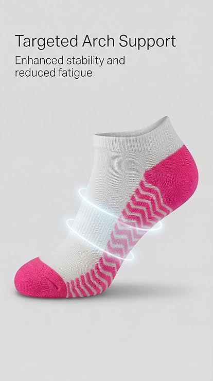 White and pink ankle sock with targeted arch support on a light gray background