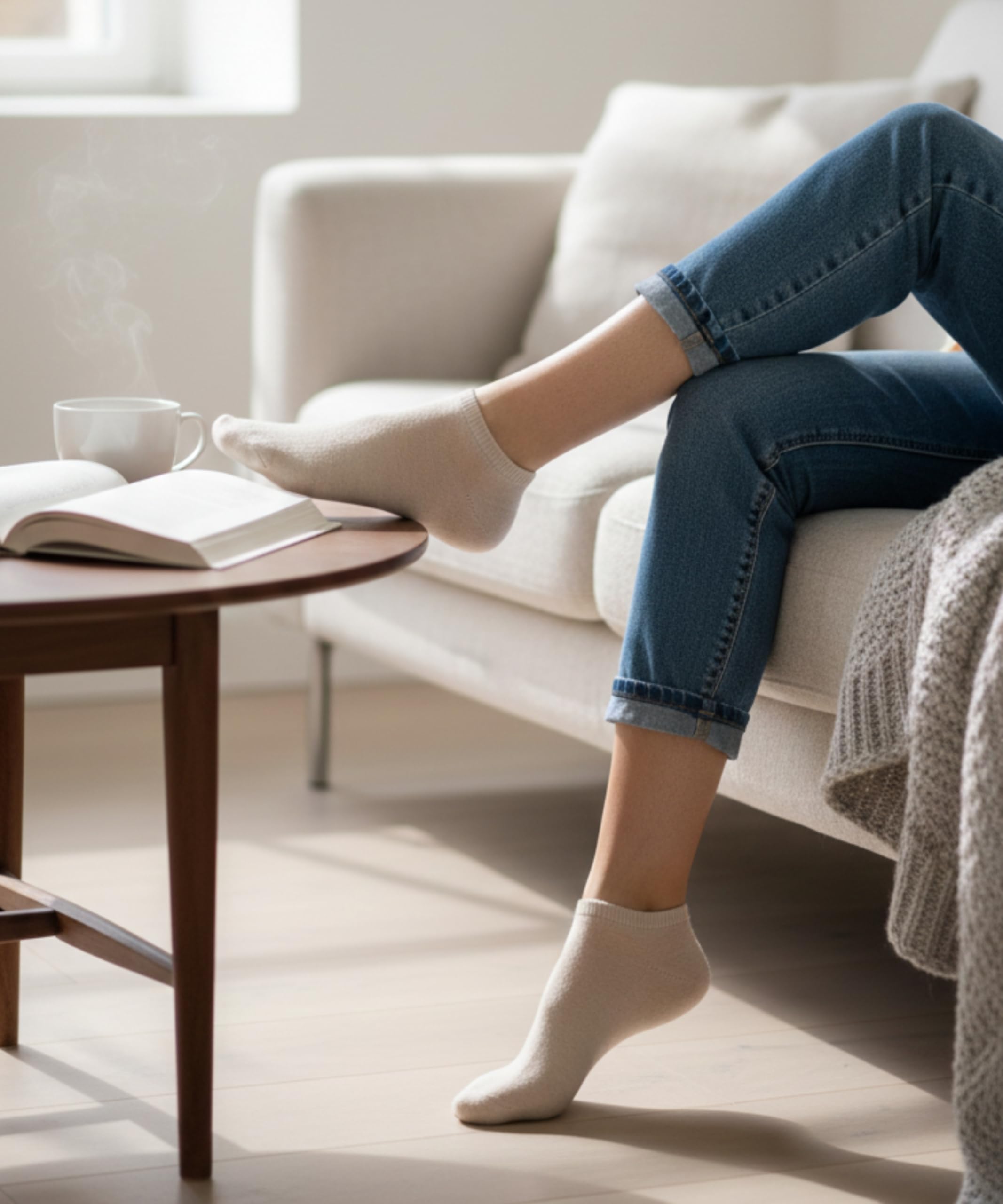 Person sitting on a couch with feet up, wearing socks, next to a coffee table with a book and cup.