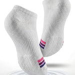 White socks with pink and purple accents on a white background