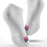 White socks with pink and purple accents on a white background
