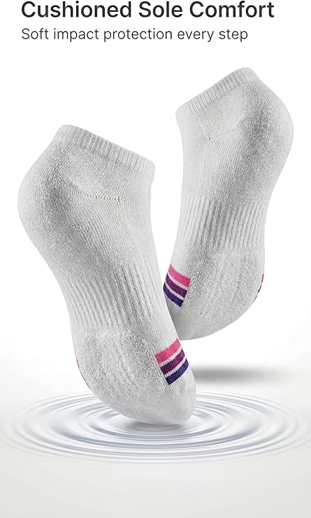 White socks with pink and purple accents on a white background