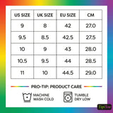 Size conversion chart from US to UK, EU, and CM with product care instructions on a colorful gradient background.