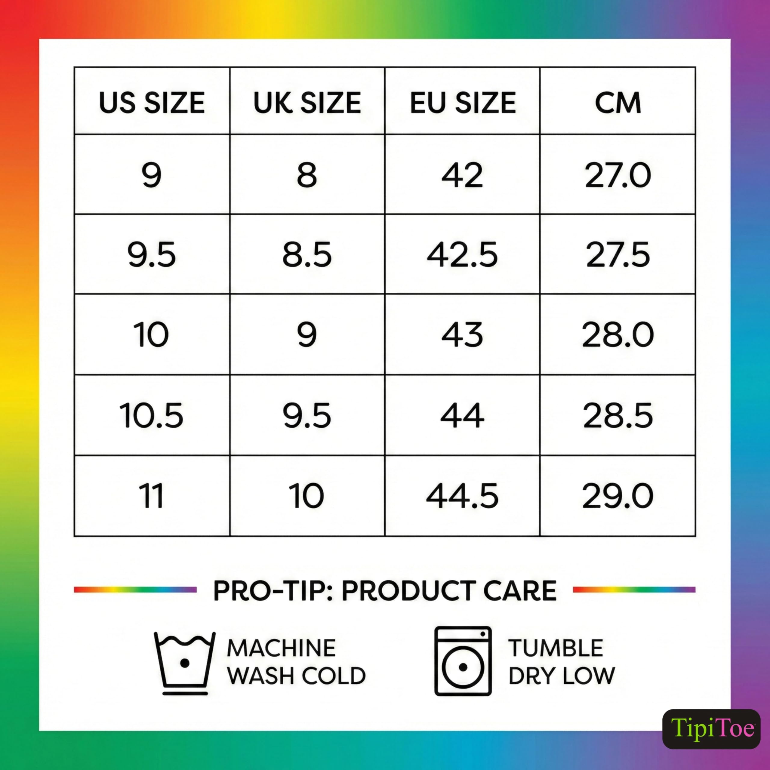 Size conversion chart from US to UK, EU, and CM with product care instructions on a colorful gradient background.