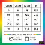 Size conversion chart from US to UK, EU, and CM with product care instructions on a colorful gradient background.