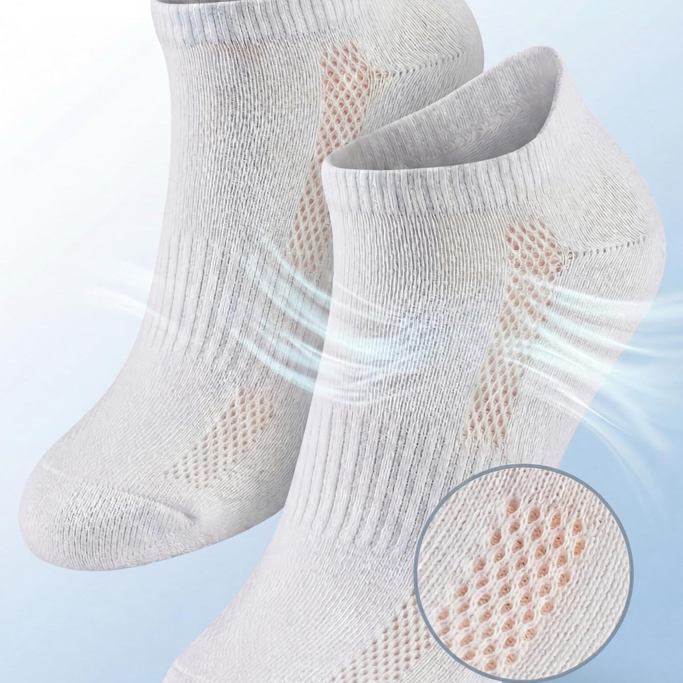 Gray socks with breathable mesh design on a light blue background